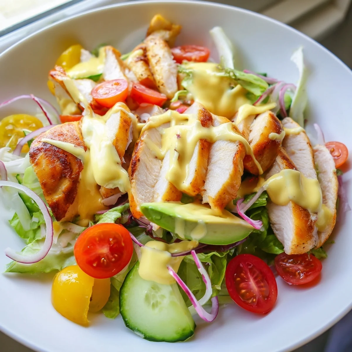 Golden seared chicken resting on fresh greens drizzled with creamy honey mustard dressing