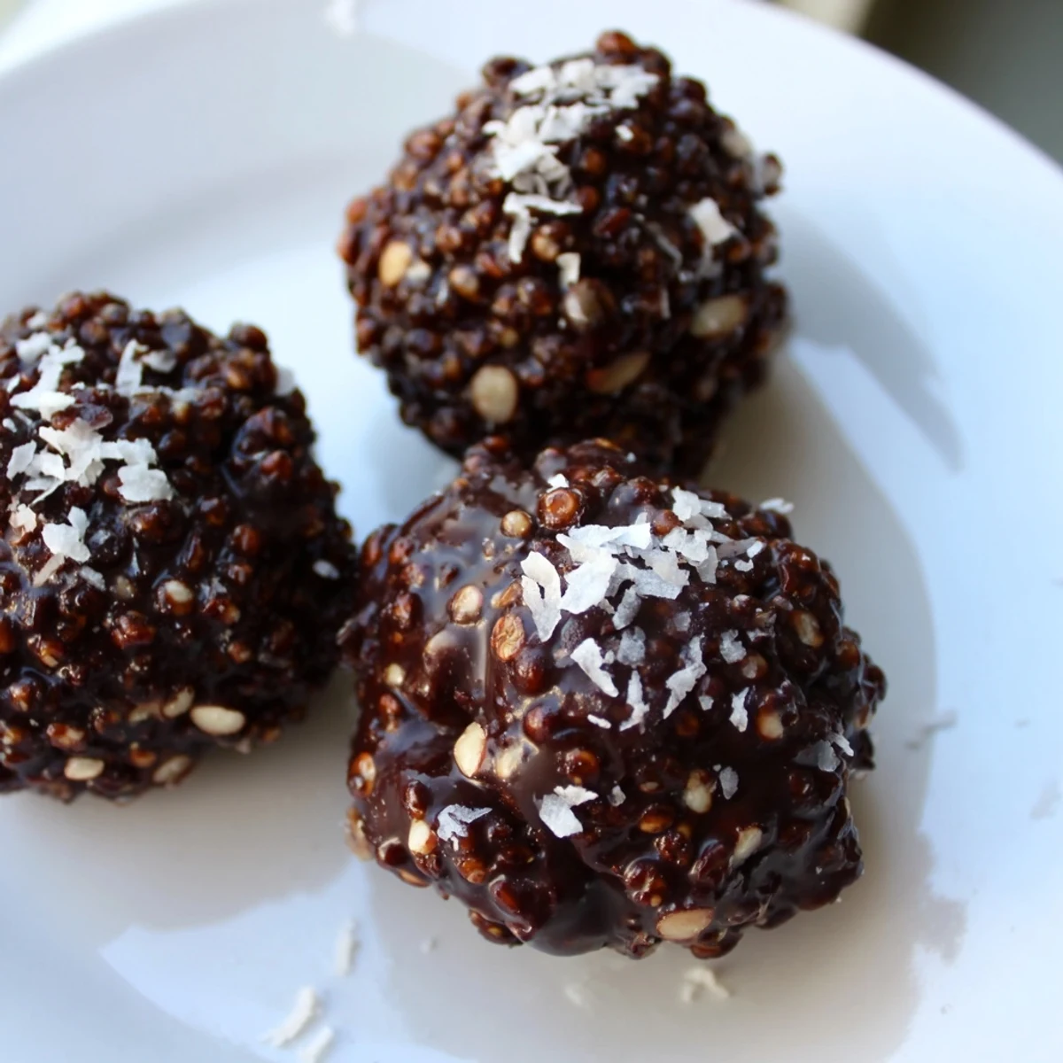 Crunchy Chocolate Quinoa Crunch Bites arranged on a rustic white serving plate