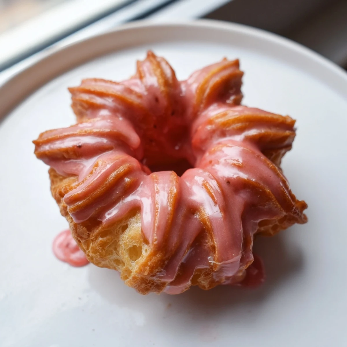 Golden Strawberry Glazed French Crullers with pink icing on a wire cooling rack