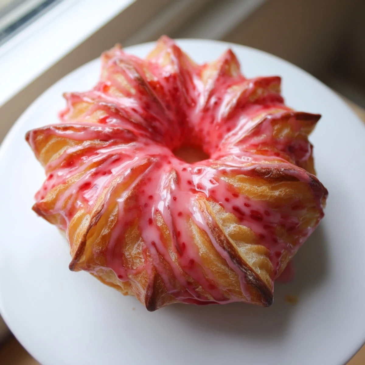 Crispy fried Strawberry Glazed French Crullers dipped in glossy berry frosting up close