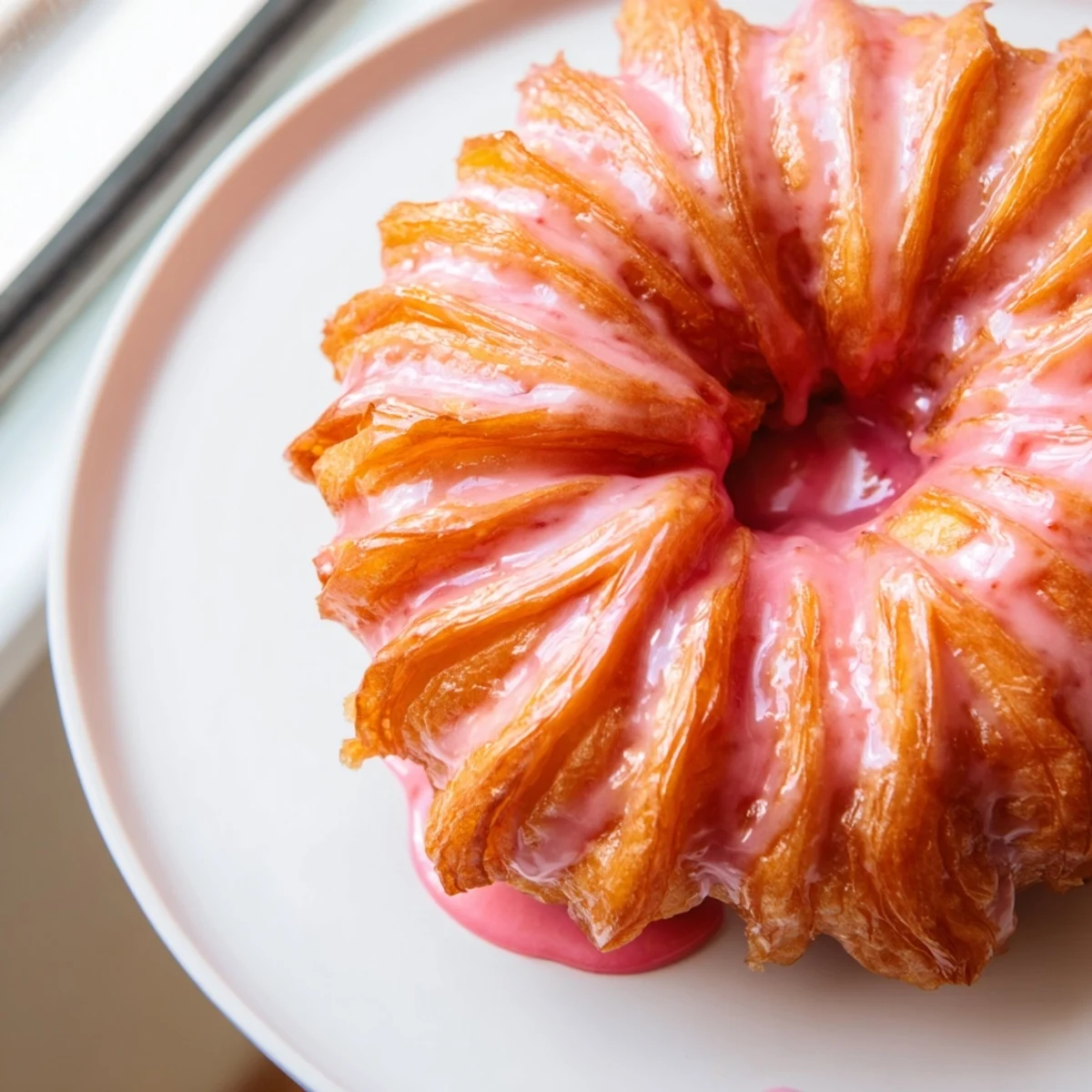 Pillowy Strawberry Glazed French Crullers dusted with powdered sugar on a breakfast plate