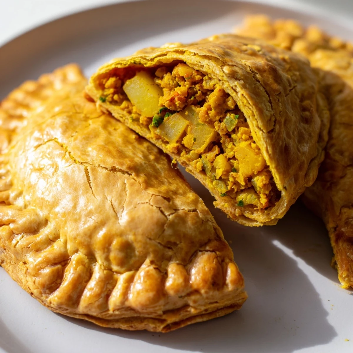 Golden flaky Jamaican curry chicken patties fresh from the oven on parchment paper