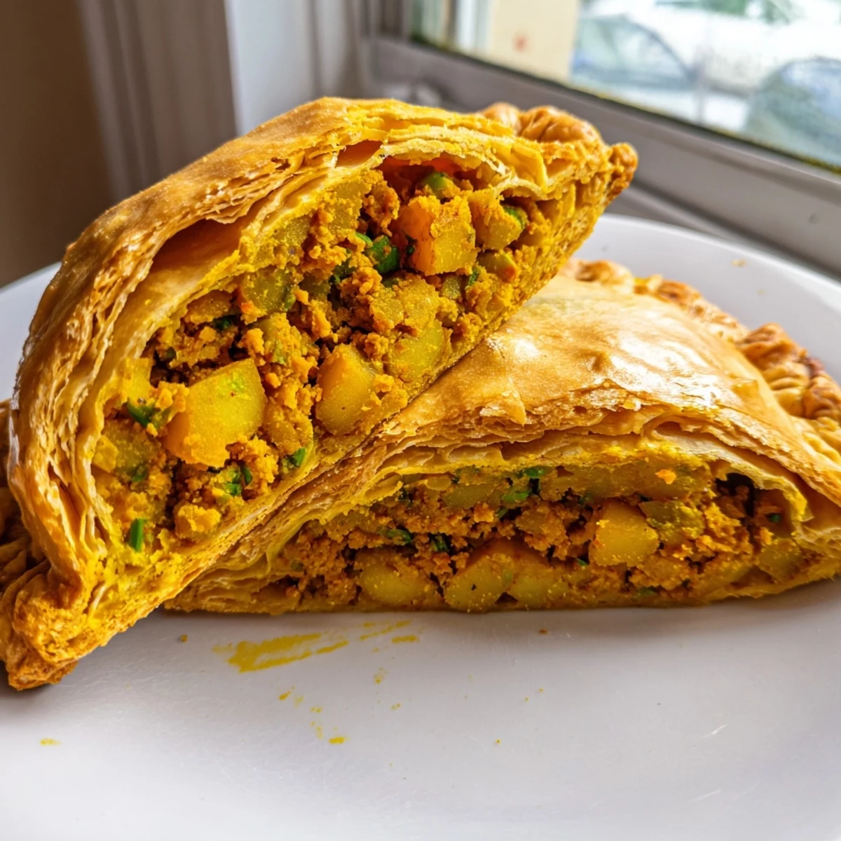 Crispy half-moon Jamaican curry chicken patties filled with warmly spiced ground chicken filling