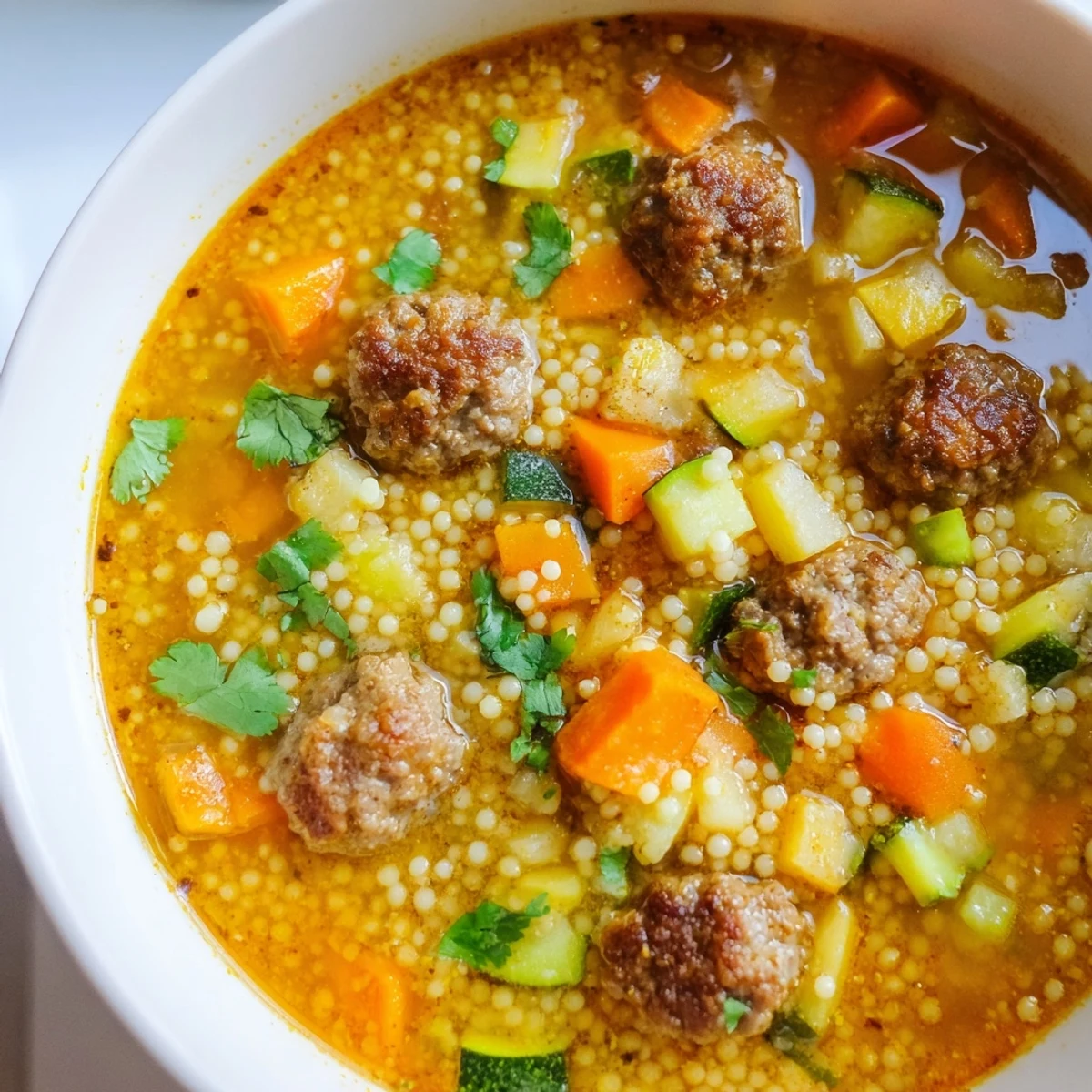 Steaming bowl of Mini Moroccan Meatball Couscous Soup topped with fresh cilantro and a lemon wedge