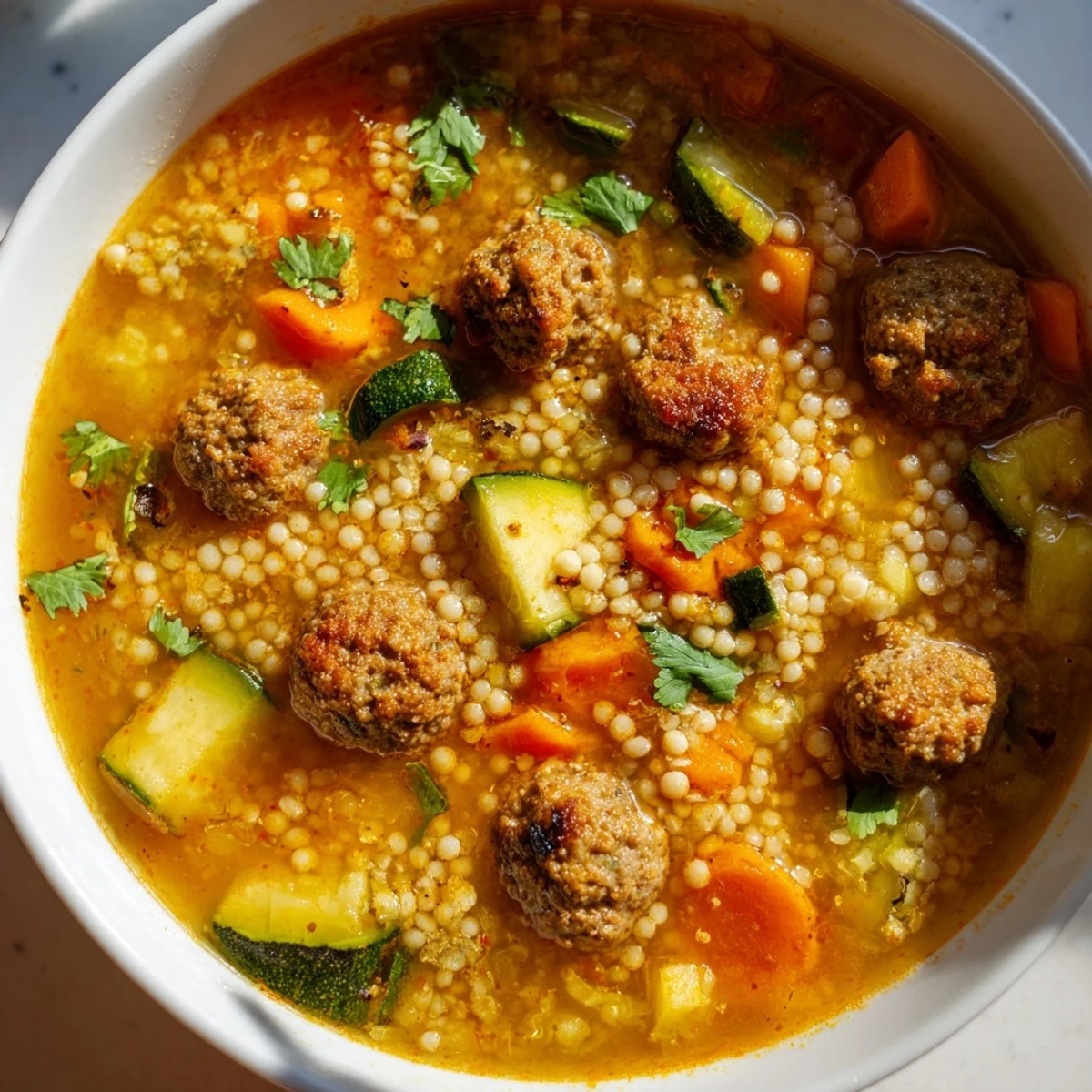 Mini Moroccan Meatball Couscous Soup ladled into a terracotta bowl with bright herbs and warm spices