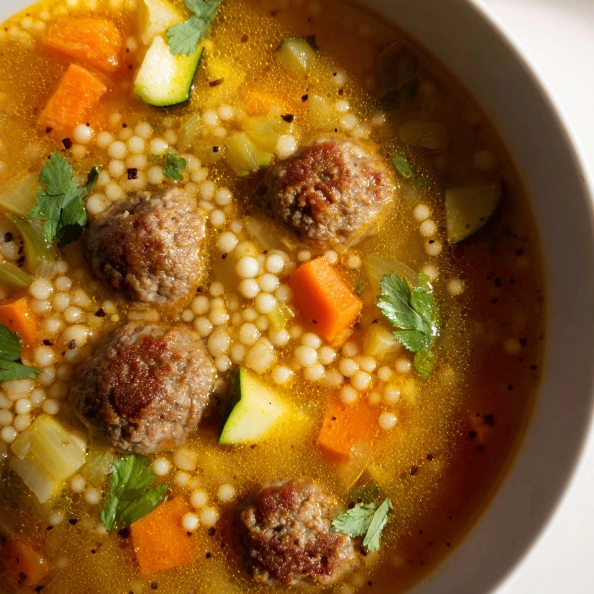 Golden spiced broth filled with tender mini meatballs, diced vegetables, and fluffy couscous in a rustic bowl