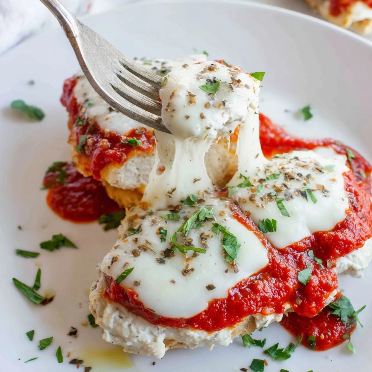 Golden bubbling ricotta chicken bake topped with melted mozzarella and marinara sauce