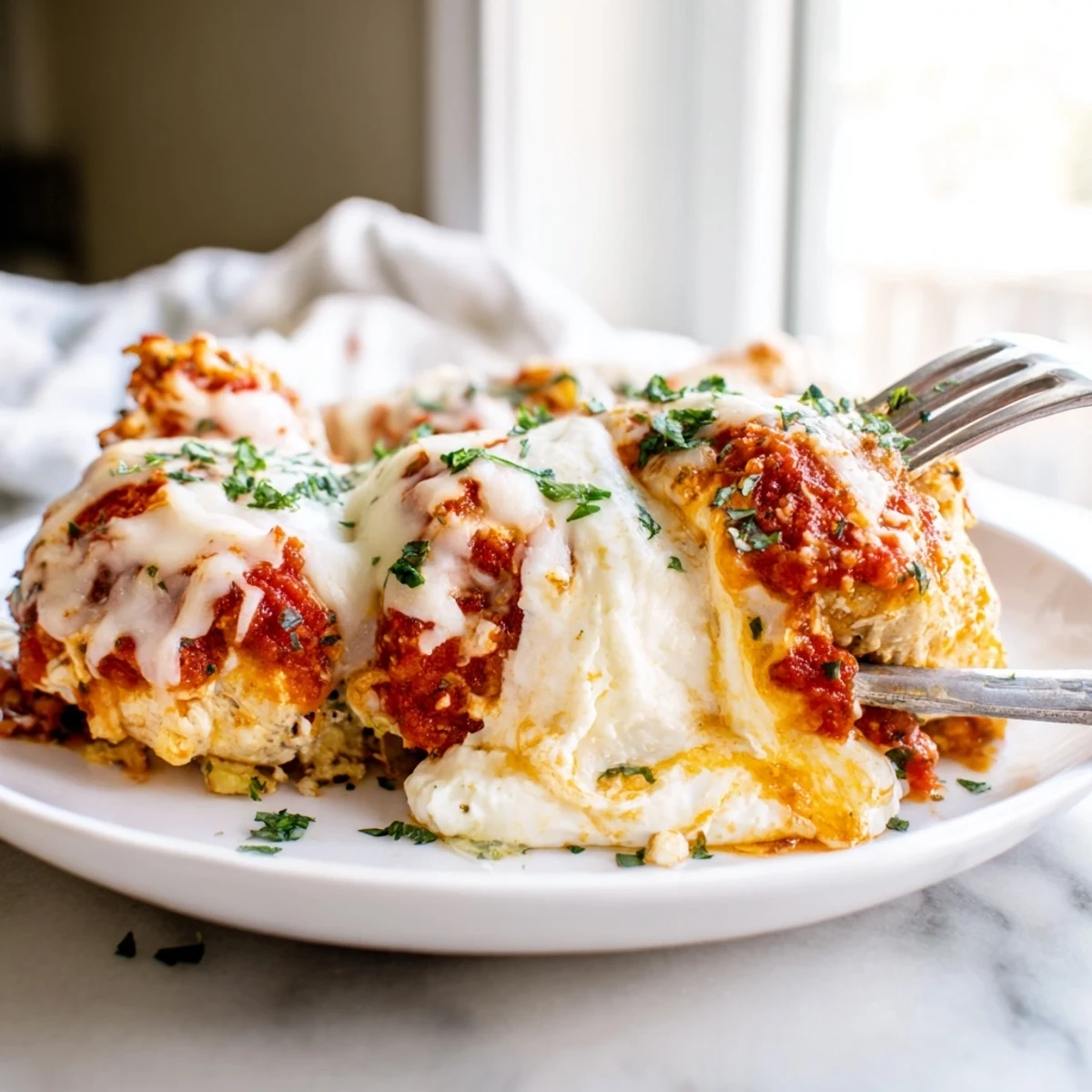 Creamy herb ricotta chicken bake served fresh from the oven on a white plate