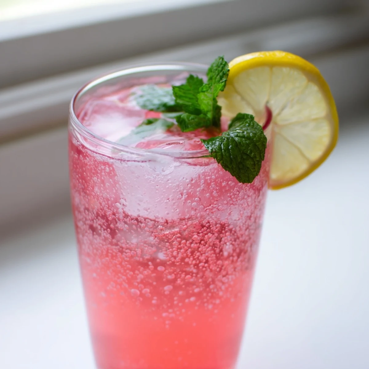 Honey Lemon Pink Soda served in ice-filled glasses with fresh mint and lemon slices