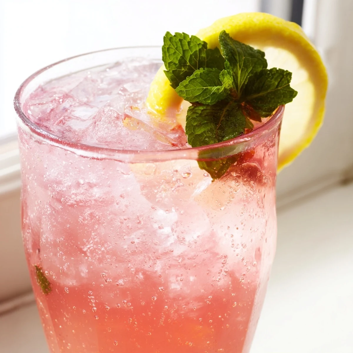 Chilled Honey Lemon Pink Soda bubbling over ice with a vibrant rosy berry hue