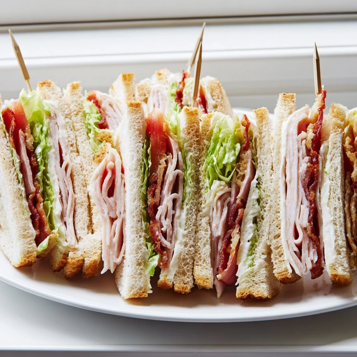 Triple-decker Club Sandwich featuring tender turkey, golden toast, and creamy mayonnaise layers