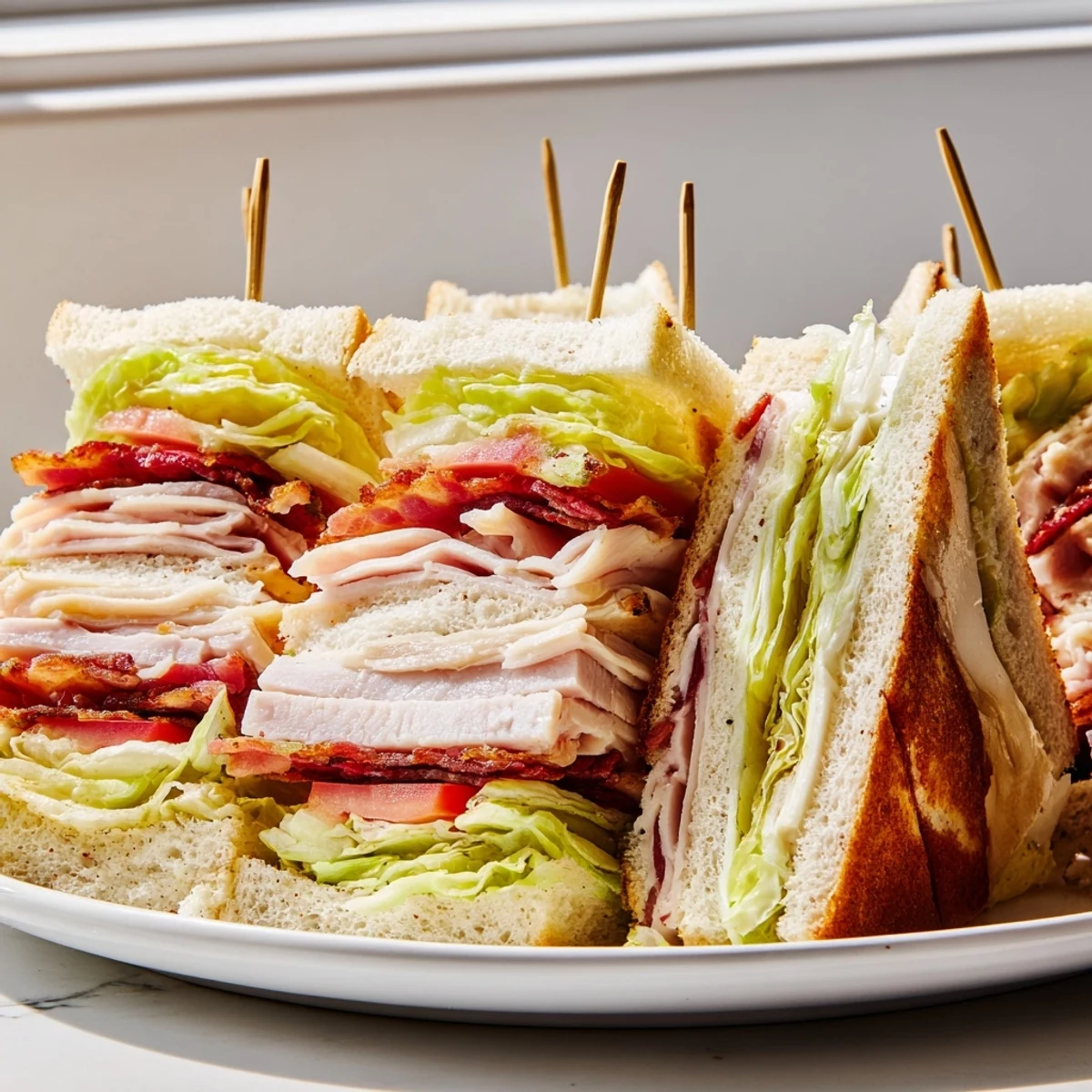 Classic Club Sandwich cut into diagonal wedges with toothpicks on a rustic cutting board