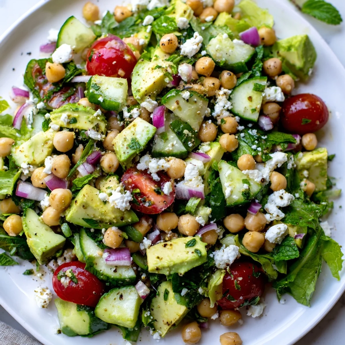 Creamy chickpea feta avocado salad piled in a rustic white bowl