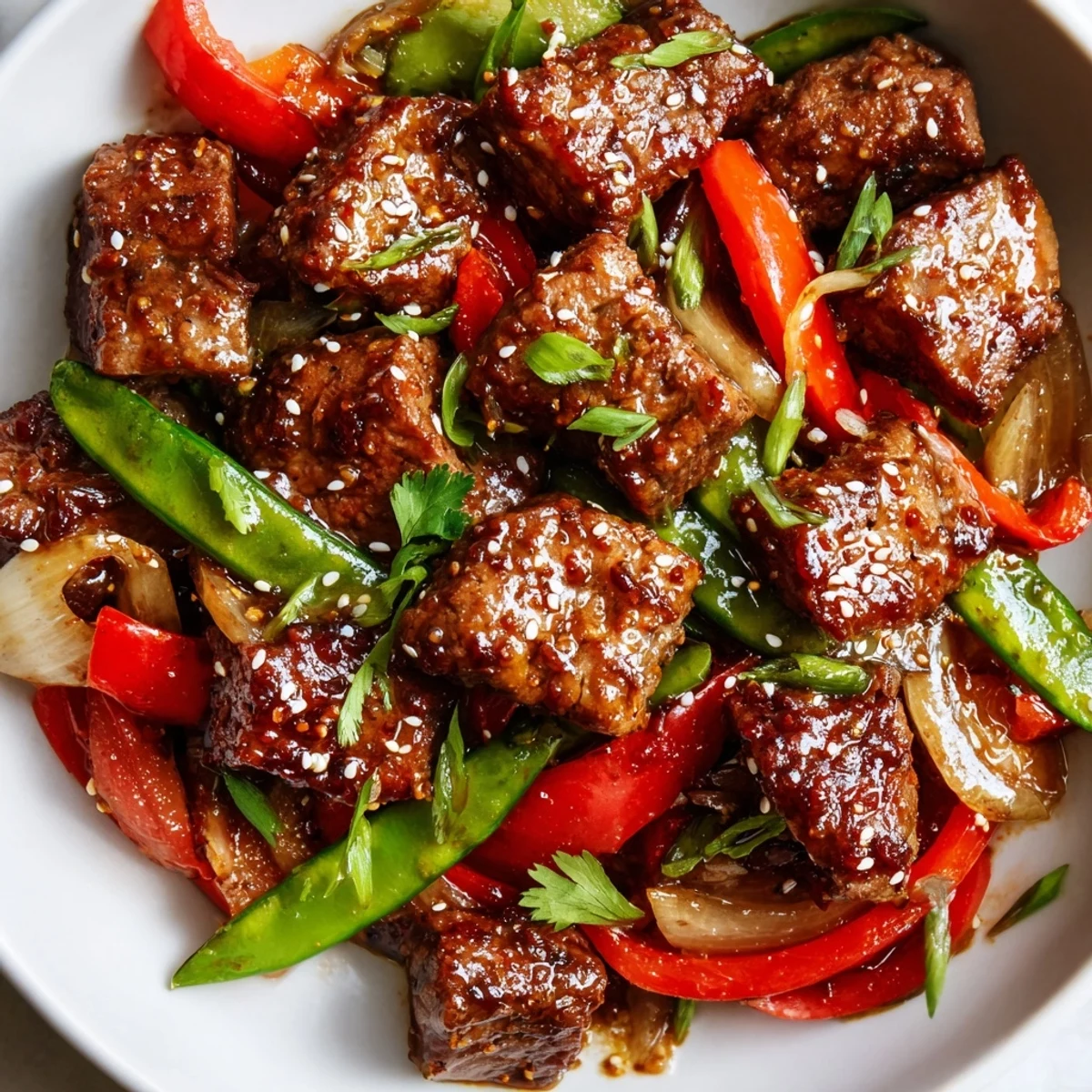 Tender Asian-inspired cube steak glazed in soy ginger sauce with crisp colorful vegetables