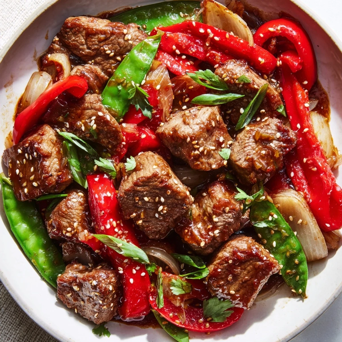 Pan-seared Asian-inspired cube steak topped with sesame seeds and vibrant stir-fried bell peppers