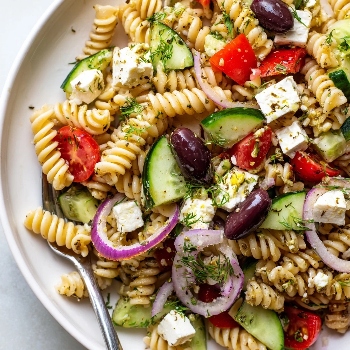 A colorful Greek Pasta Salad loaded with juicy tomatoes, crunchy cucumbers, and tangy feta cheese.