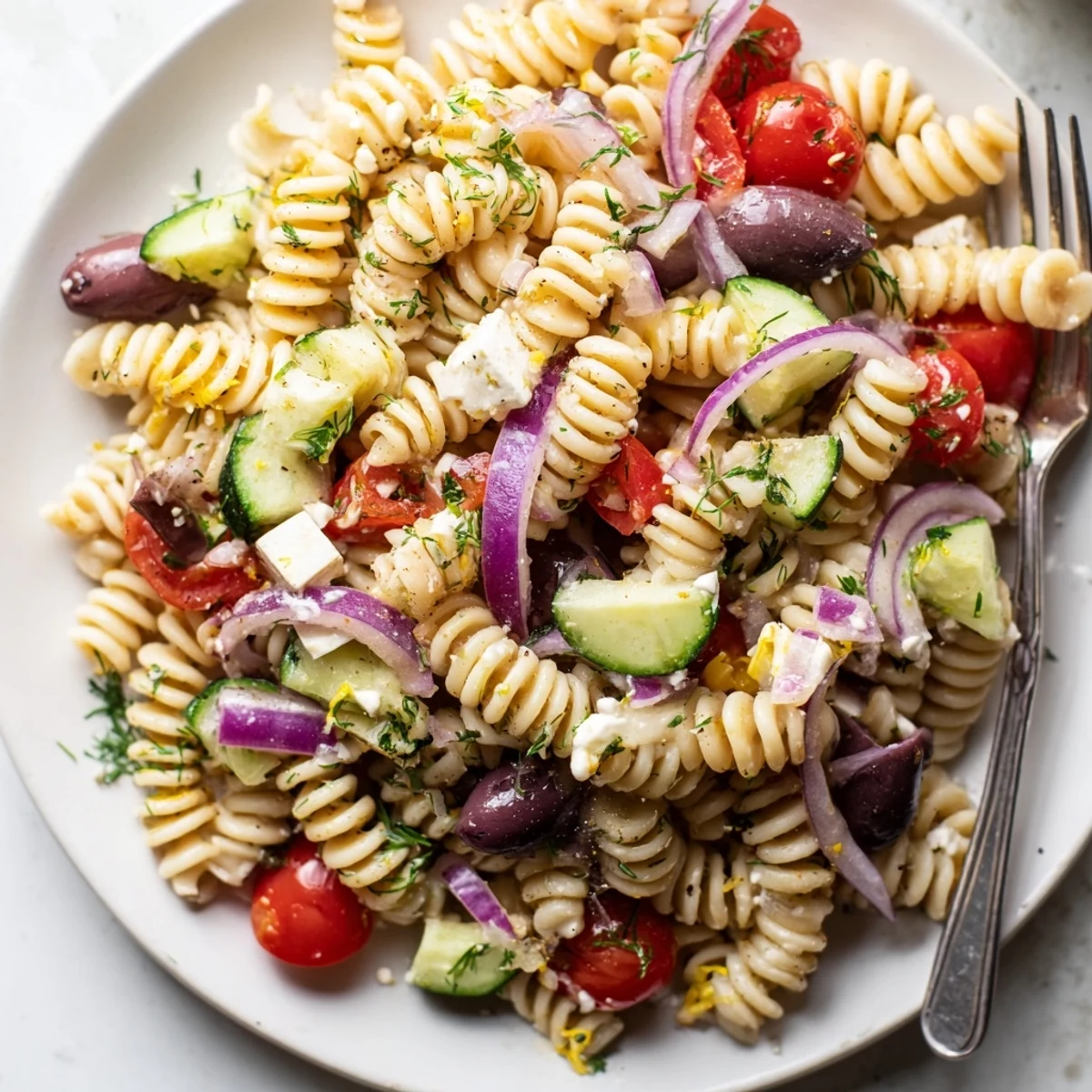 Creamy feta and Kalamata olives tumble through this refreshing Greek Pasta Salad in a bright bowl.