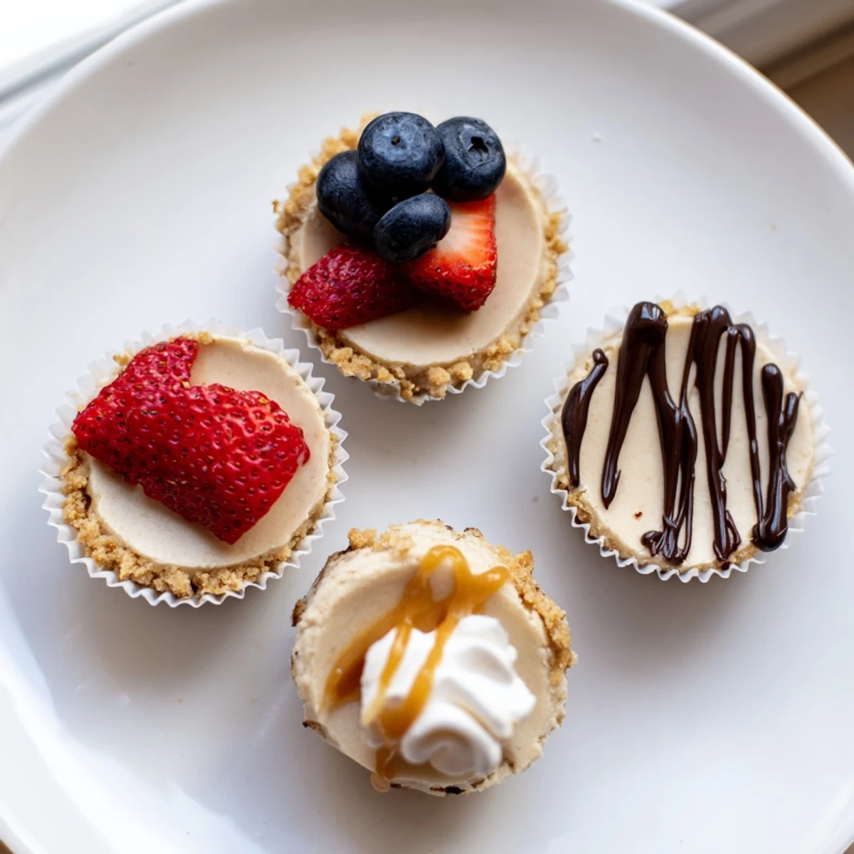 Golden graham cracker crust mini cheesecakes drizzled with rich chocolate ganache