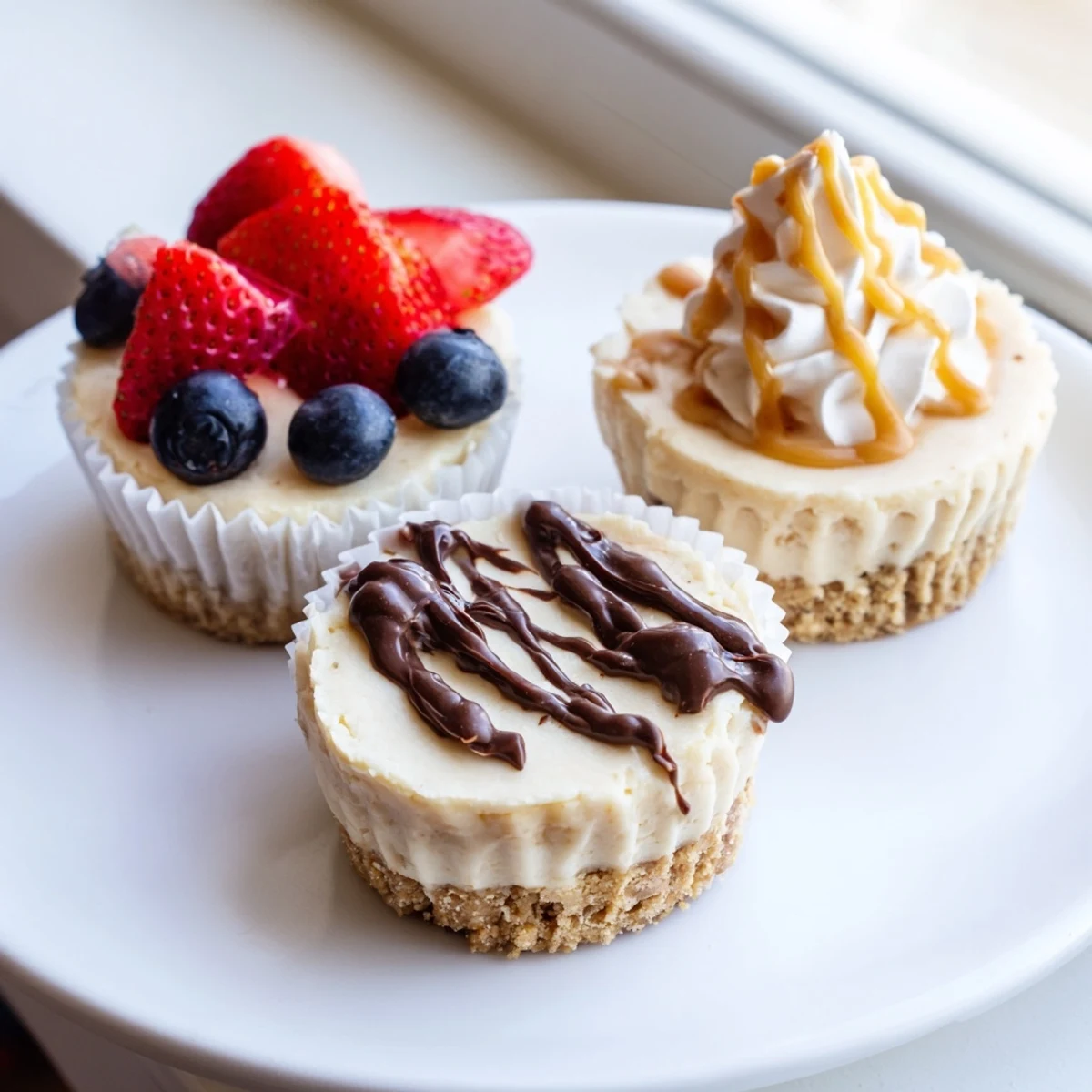 Individual mini cheesecakes with whipped cream arranged on a dessert platter