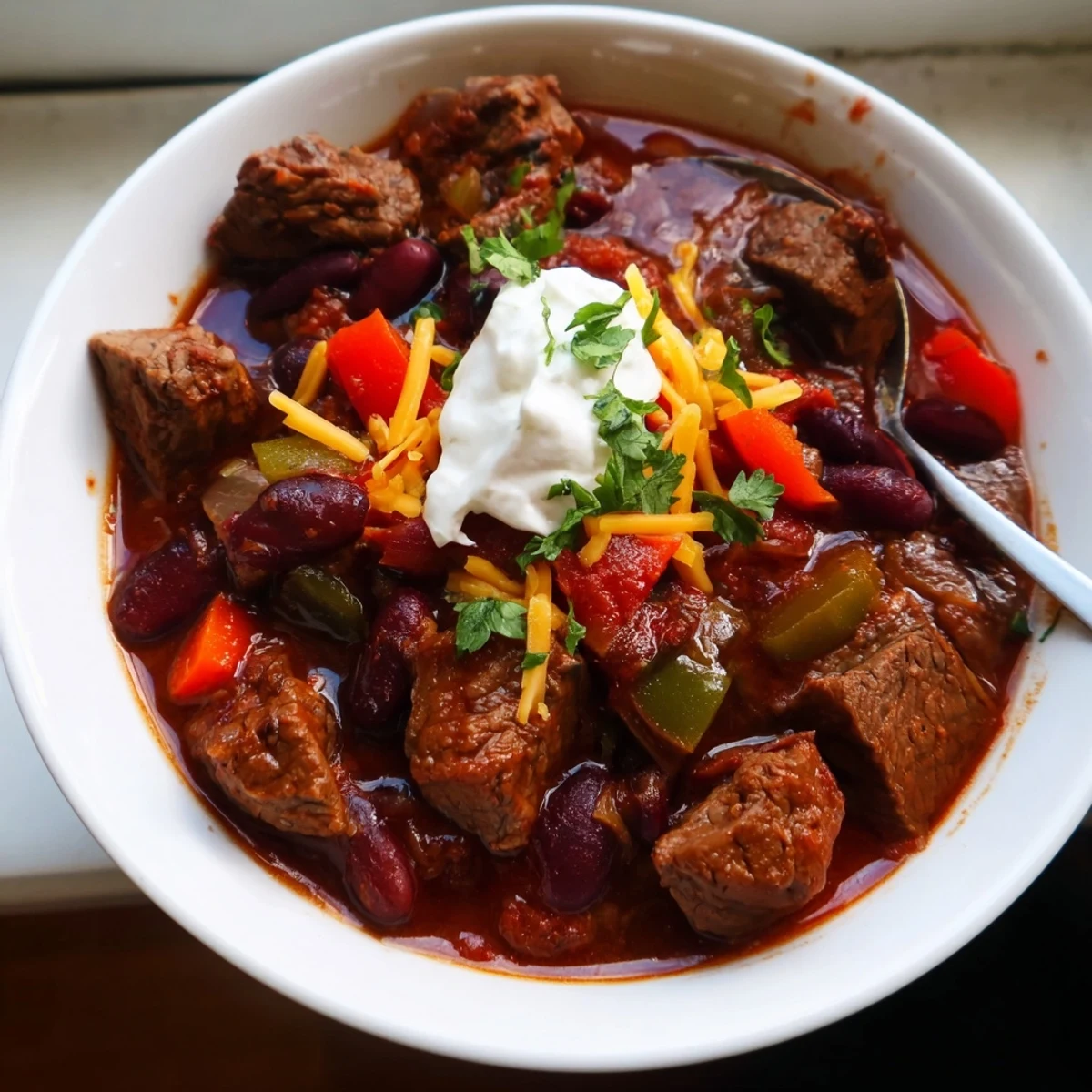 A steaming bowl of beefy chili stew topped with fresh cilantro and shredded cheese