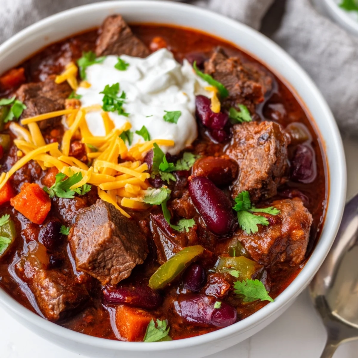 Thick beefy chili stew loaded with tender meat, beans, and vegetables in rustic pot