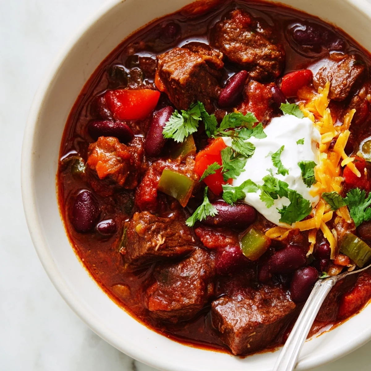 Hearty beefy chili stew served with crusty bread on a chilly evening at home