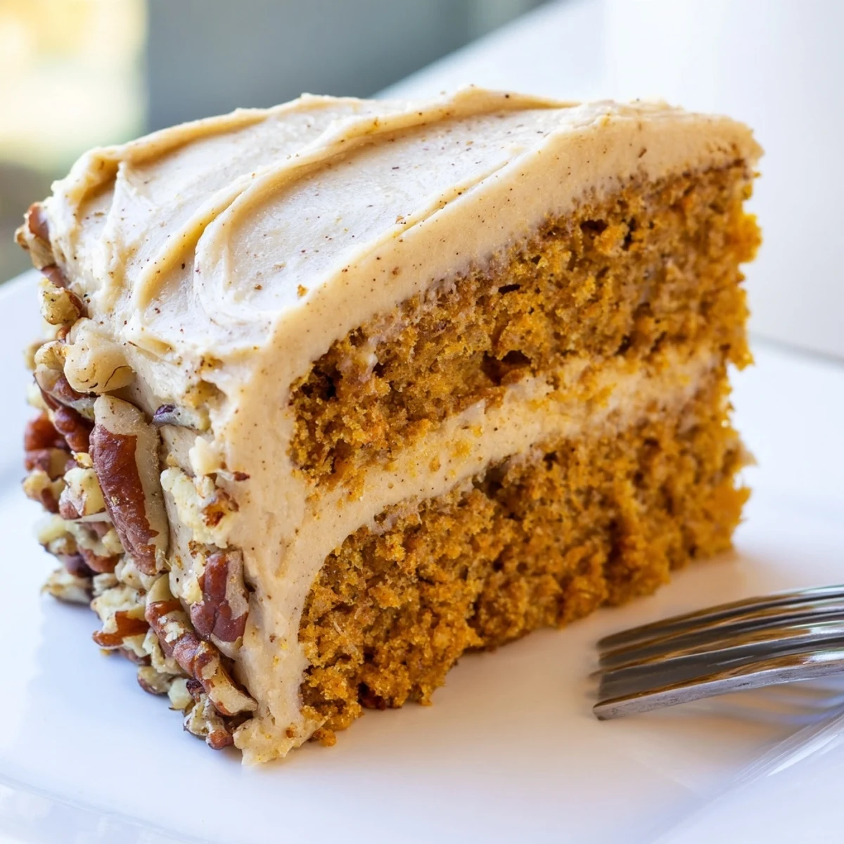 Warm pumpkin pecan cake slice topped with swirled cinnamon cream cheese icing on a rustic plate