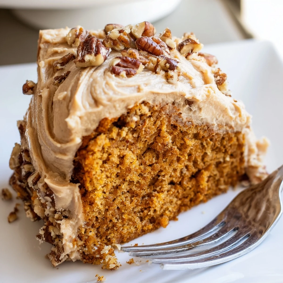 Moist spiced pumpkin pecan cake with toasted nuts and creamy cinnamon frosting, ready to serve