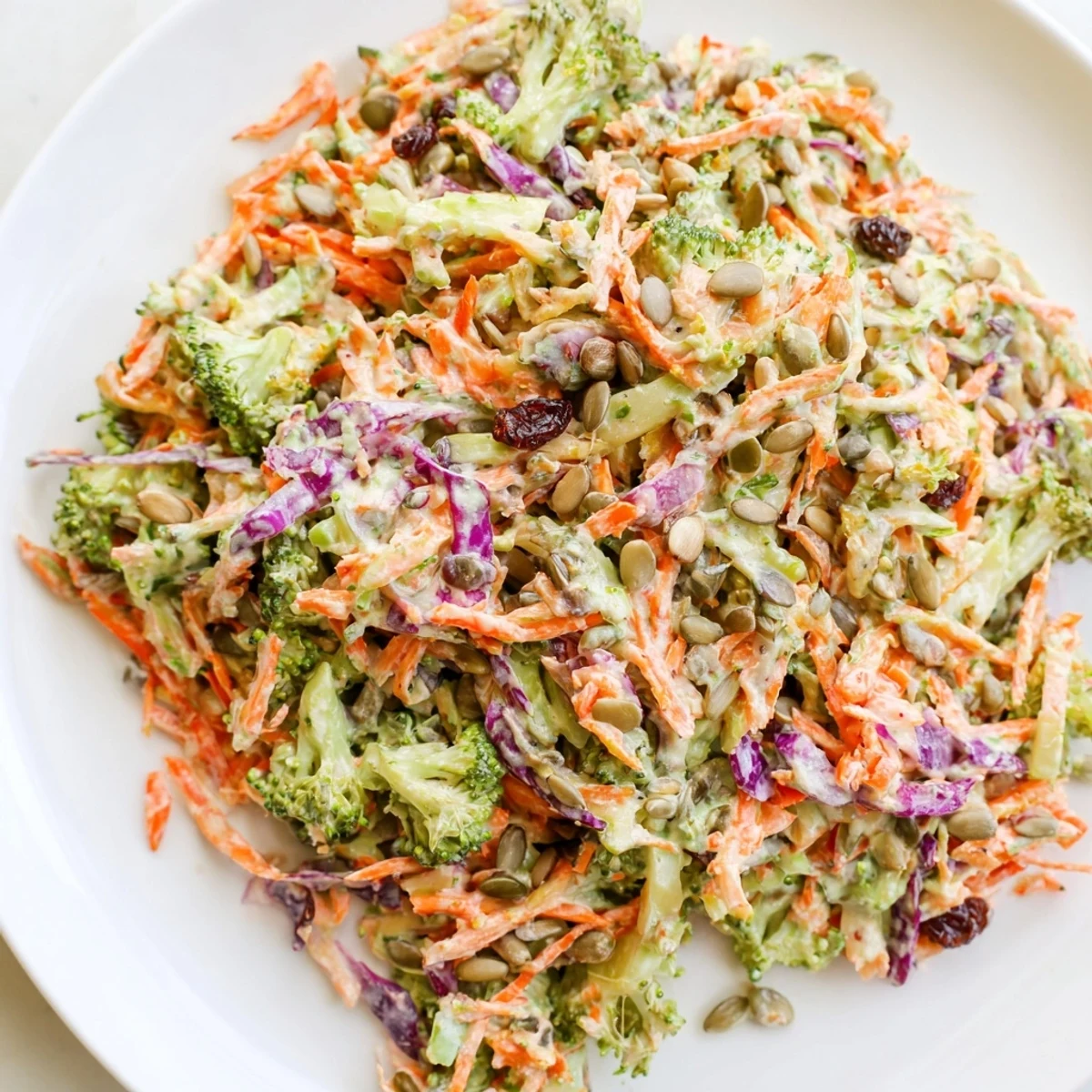 Creamy broccoli slaw with vibrant shredded carrots and red cabbage on a wooden table.