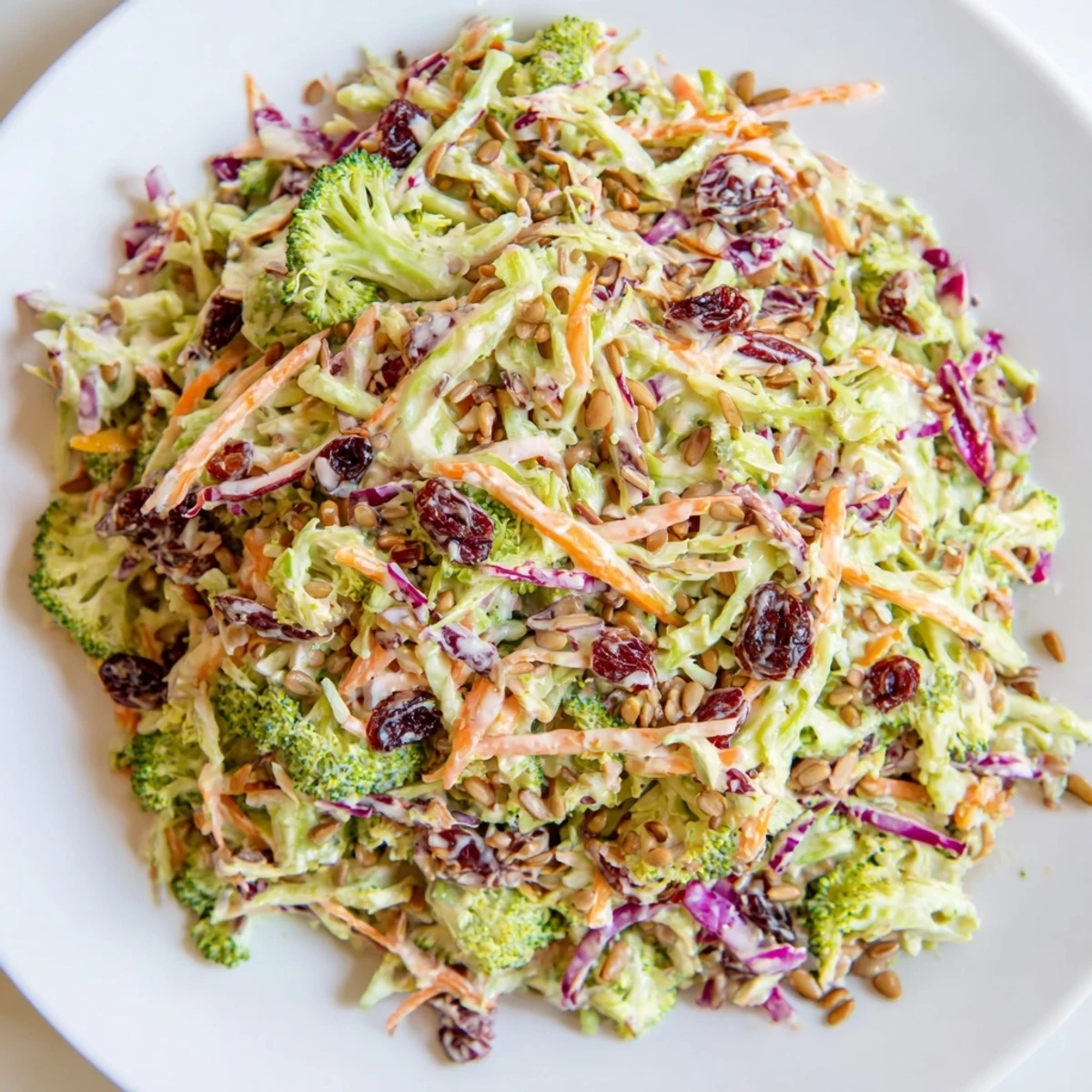 Broccoli slaw in a rustic bowl, tossed with cranberries and crunchy sunflower seeds.