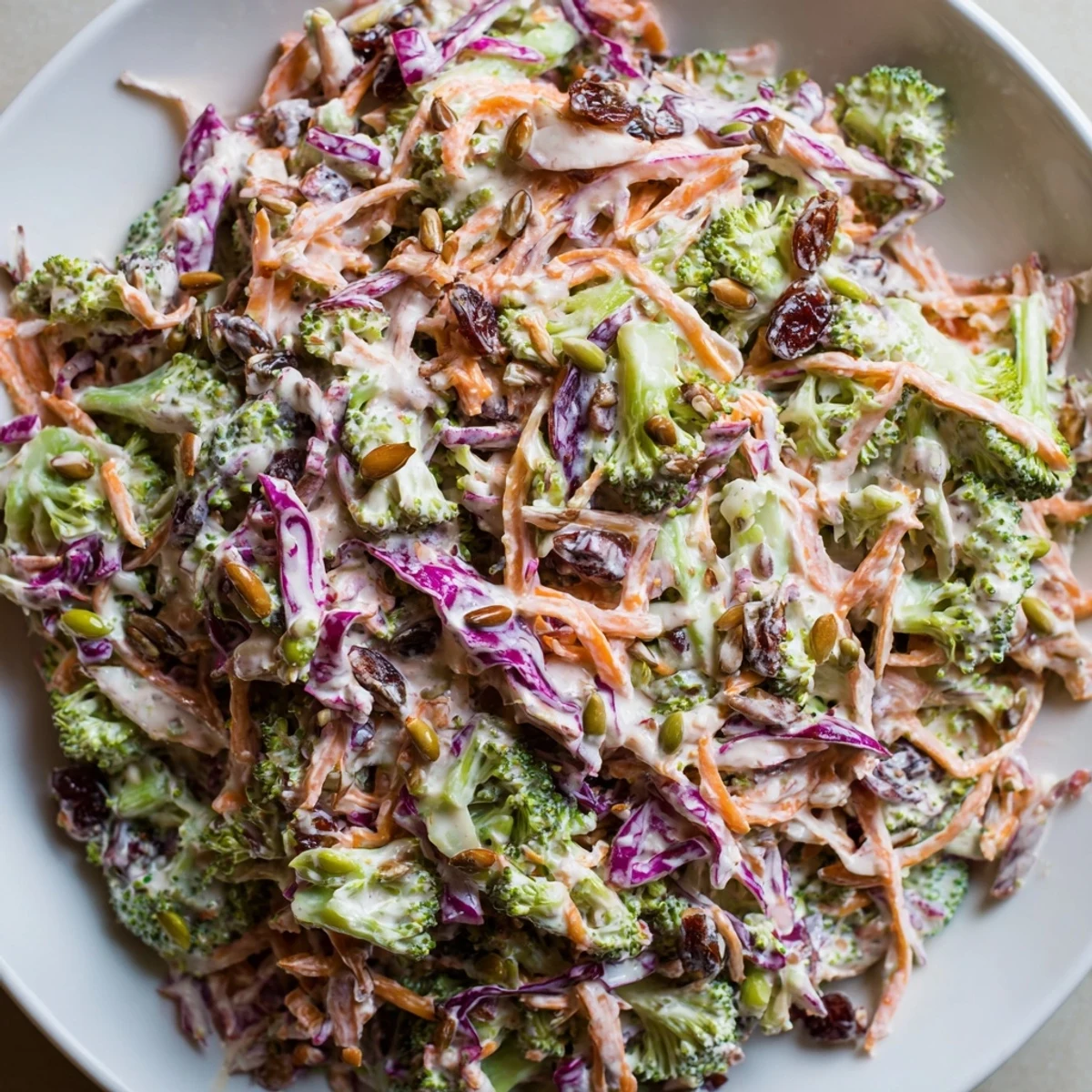 Tangy broccoli slaw glistening with creamy dressing, served alongside grilled chicken at a barbecue.
