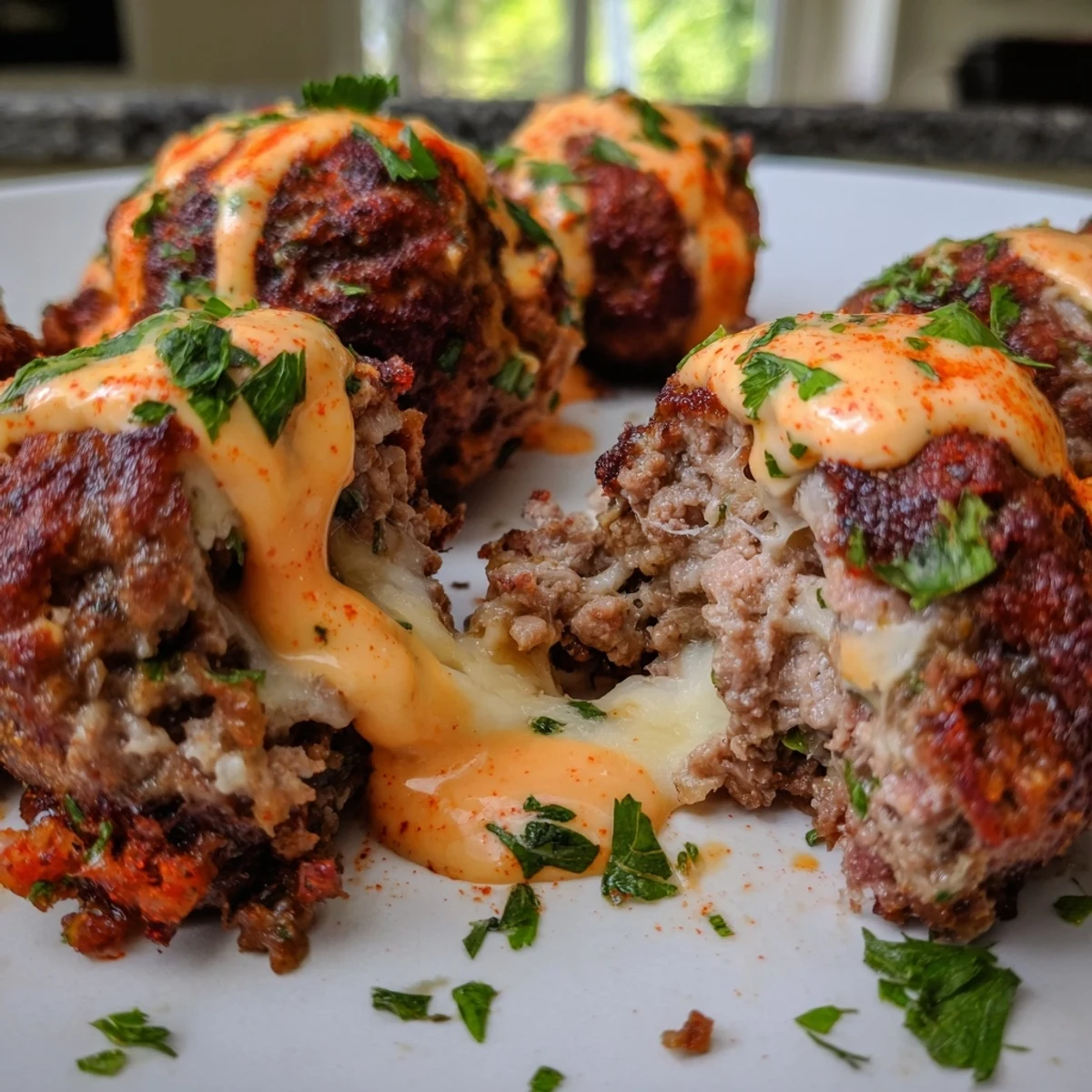 Golden cheese stuffed meatballs draped in creamy spicy cheese sauce on a rustic plate