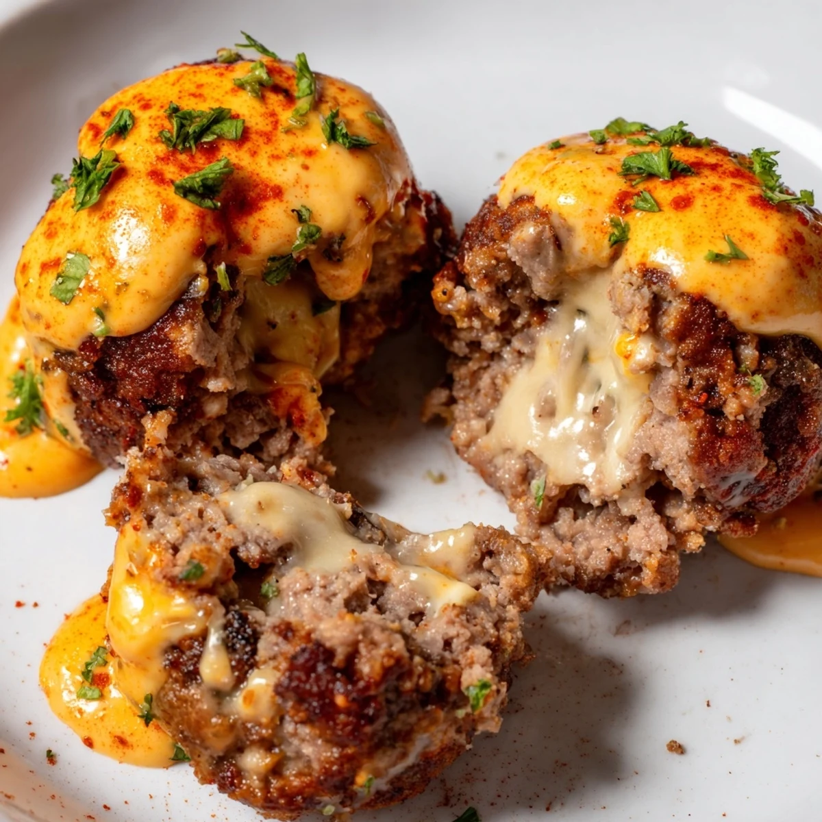 Close-up of cheese stuffed meatballs with spicy cheese sauce revealing melted mozzarella centers