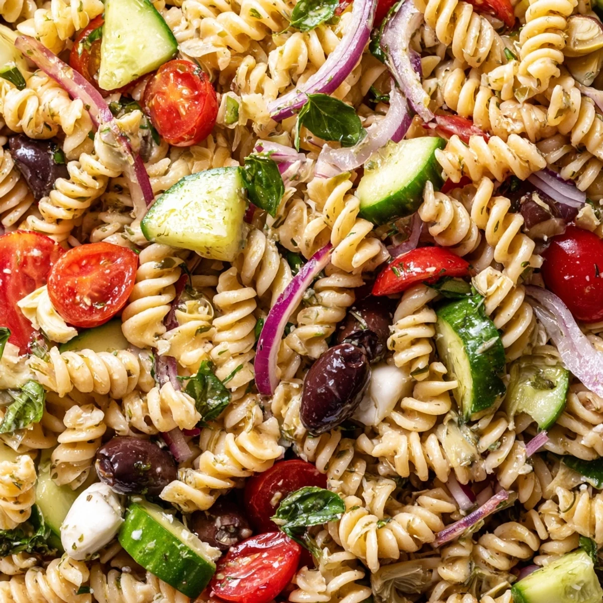 Colorful vegetarian Italian pasta salad in a rustic bowl with cherry tomatoes and mozzarella pearls