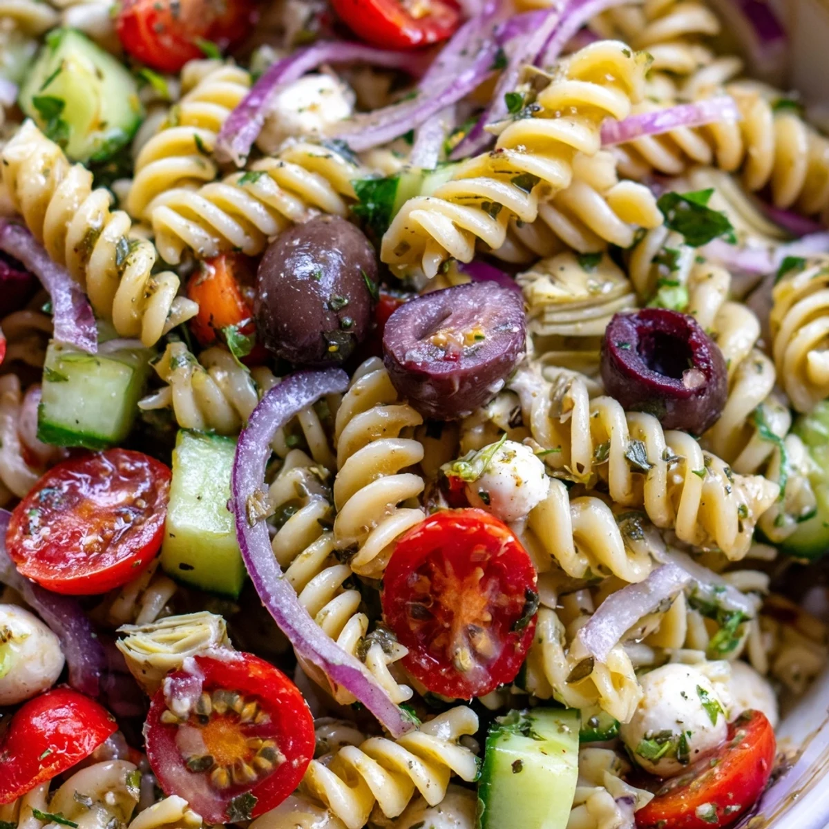 Vegetarian Italian pasta salad tossed with crisp vegetables, olives, and tangy vinaigrette on a sunny picnic table