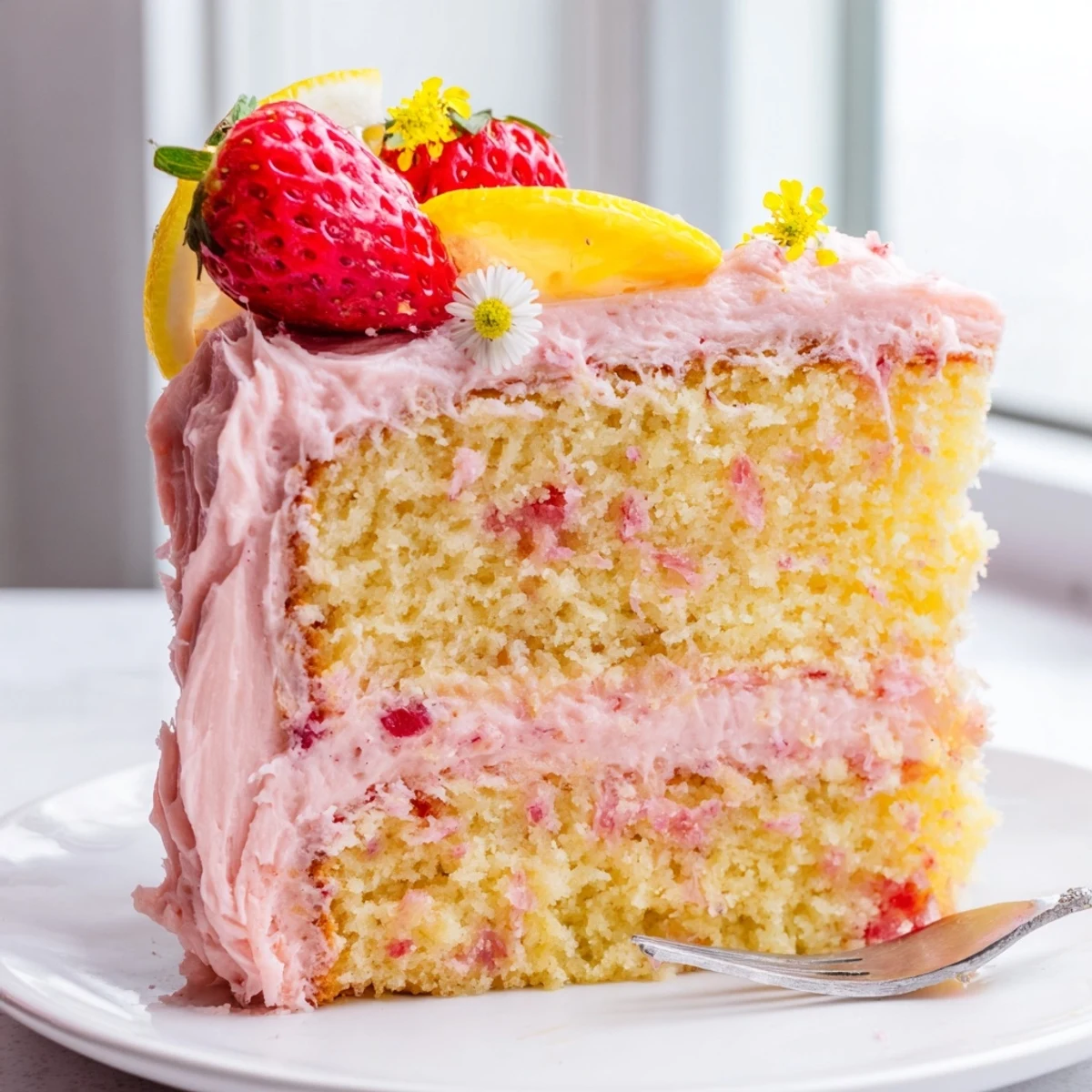 Frosted strawberry lemonade cake topped with fresh berries and lemon slices