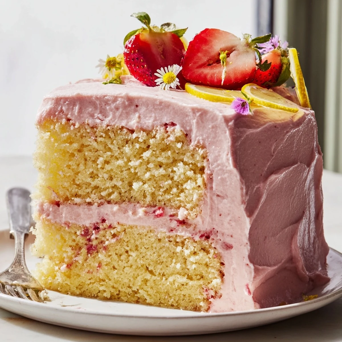 Pink strawberry lemonade cake layered with creamy tangy frosting on a vintage plate