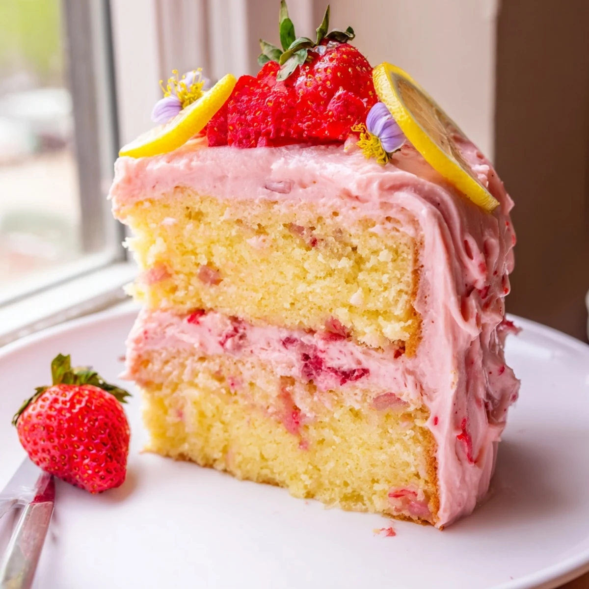 Moist strawberry lemonade cake sliced to reveal a tender crumb with berry swirls