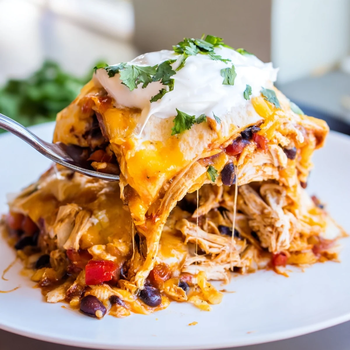 Golden bubbling chicken burrito casserole with melted cheddar and fresh cilantro garnish