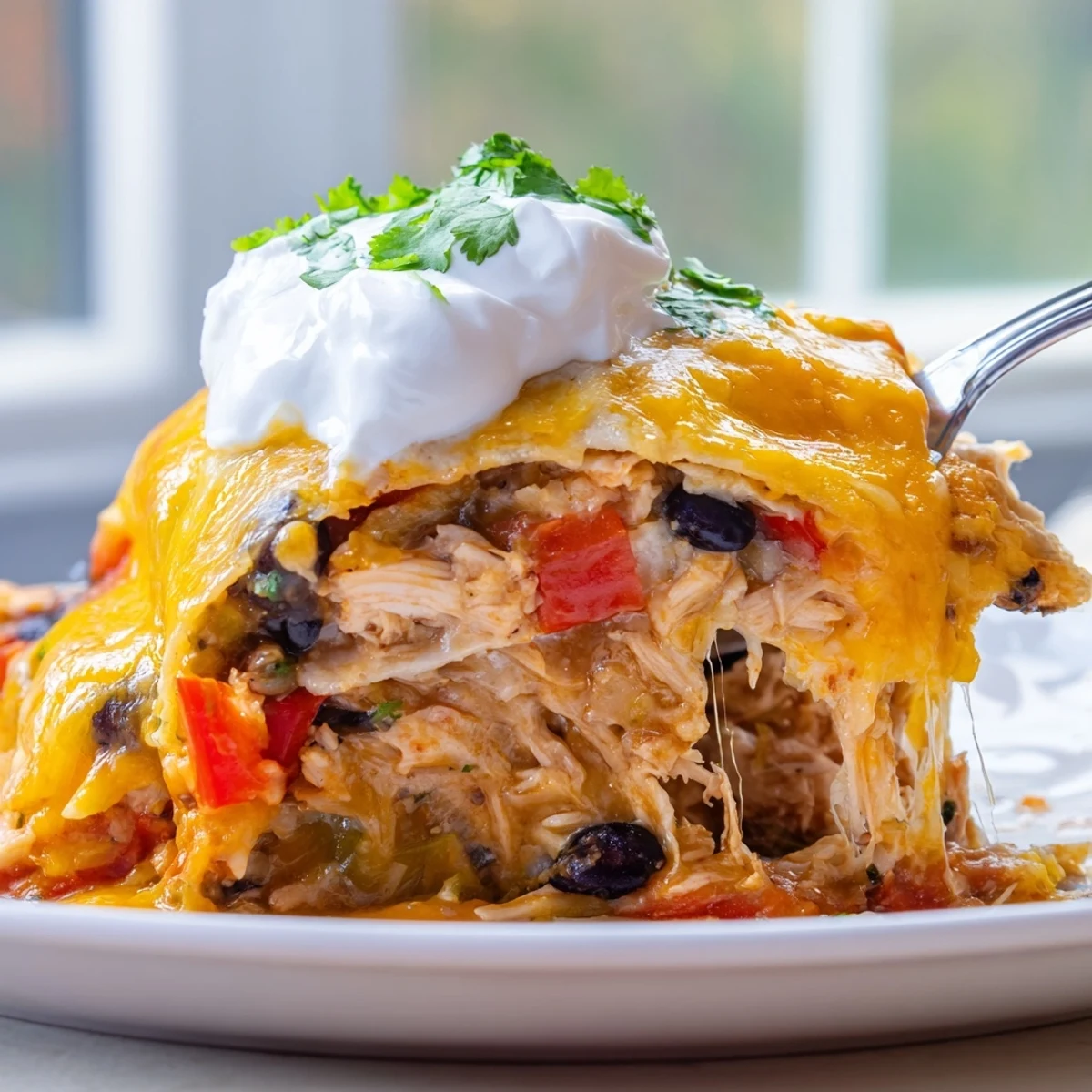 Creamy chicken burrito casserole layered with beans, rice, and gooey melted cheese