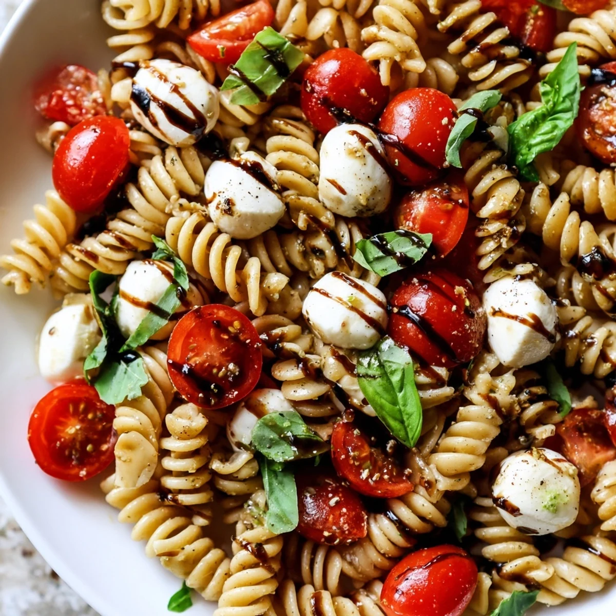 Caprese Pasta Salad with juicy cherry tomatoes, fresh mozzarella, and torn basil leaves