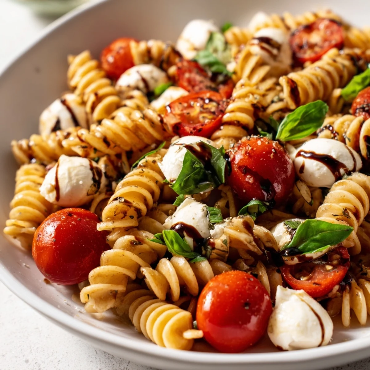 Creamy mozzarella and bright tomatoes crown this vibrant Caprese Pasta Salad platter