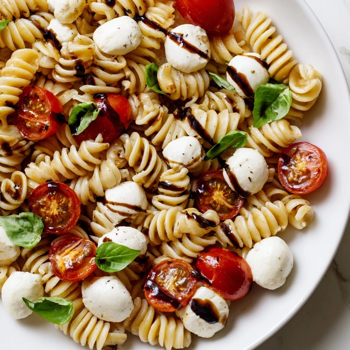 Colorful Caprese Pasta Salad tossed with balsamic glaze in a large serving bowl