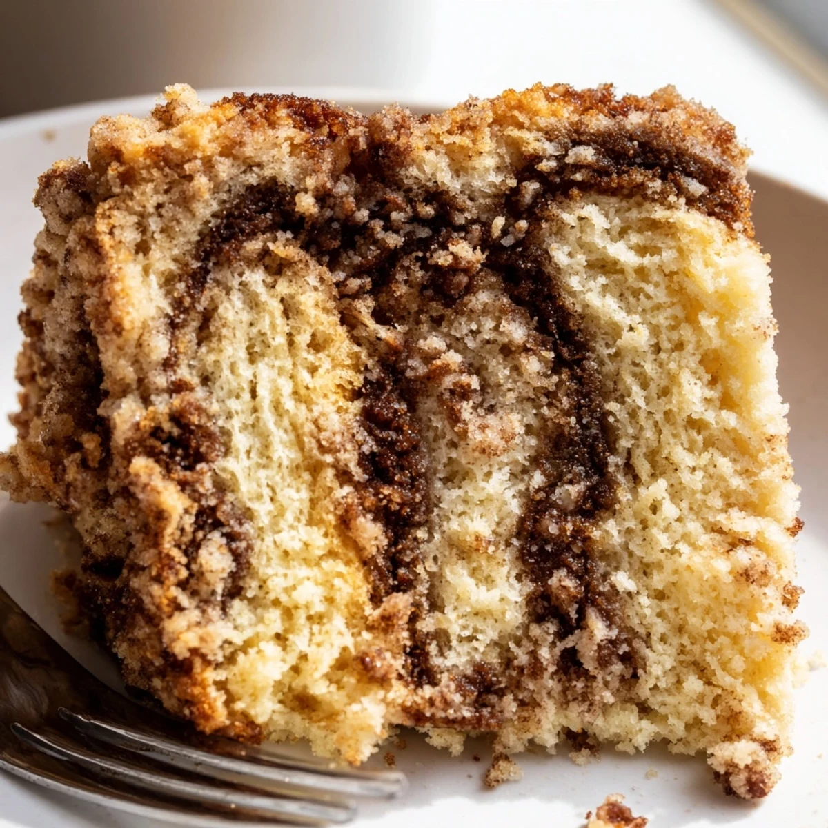Warm cinnamon pecan crunch coffee cake slice topped with golden crumbly pecan streusel on a rustic plate