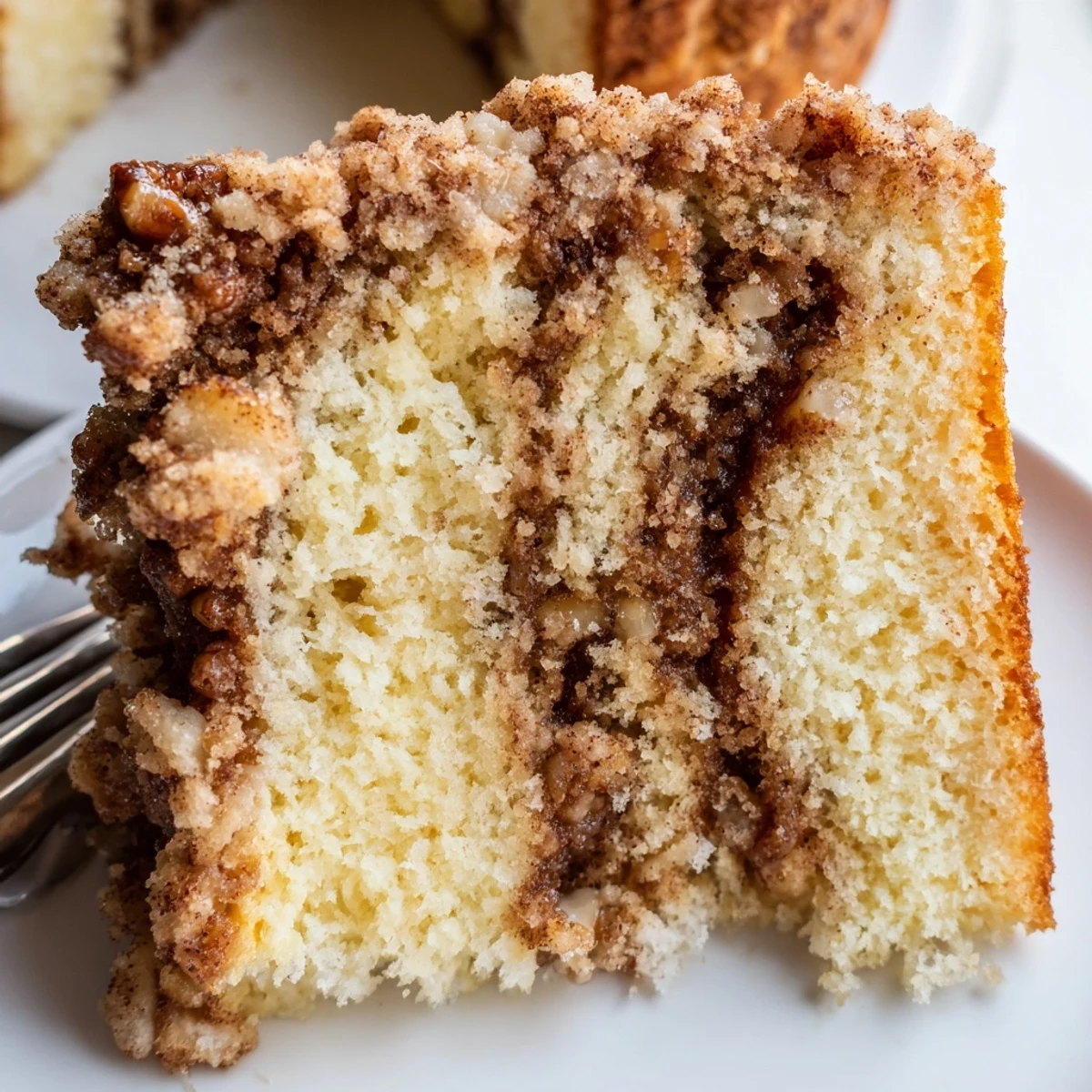 Moist cinnamon pecan crunch coffee cake served on a white dish beside a steaming mug of coffee
