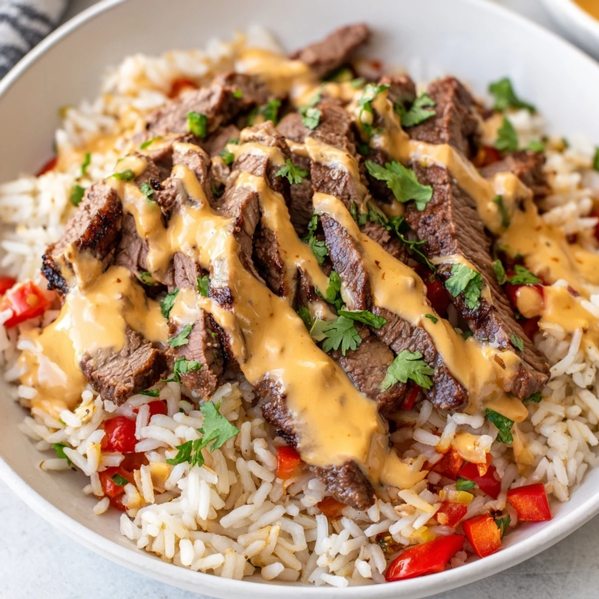 Warm steak queso rice drizzled with golden cheese sauce in a rustic bowl