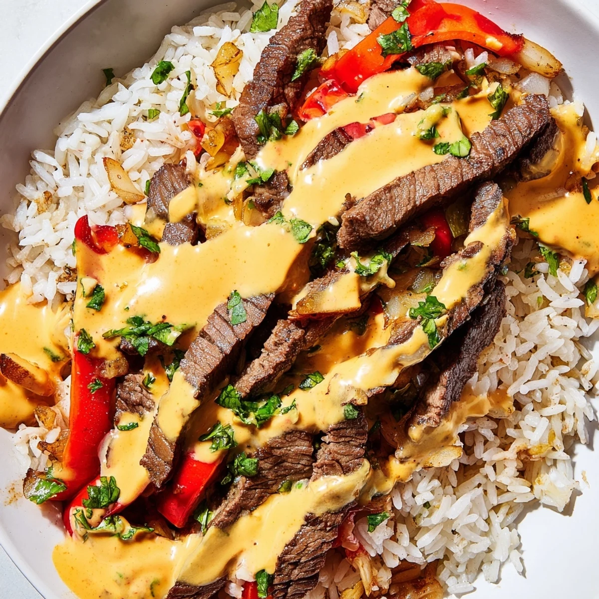 Creamy steak queso rice in a skillet topped with melted cheese and cilantro