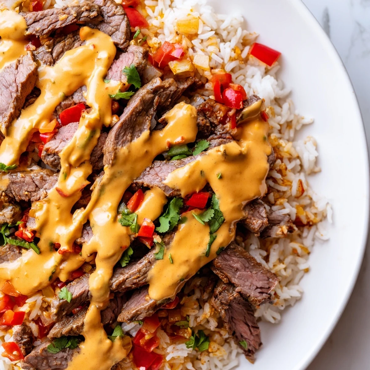Hearty steak queso rice with tender seared beef peppers and creamy queso