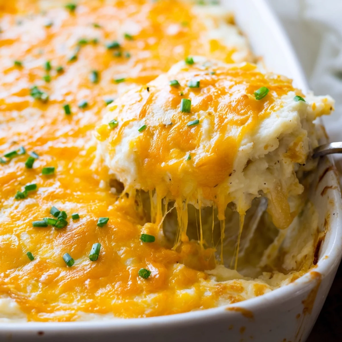 Golden bubbly cheesy onion mashed potato casserole fresh from the oven with melted cheddar topping