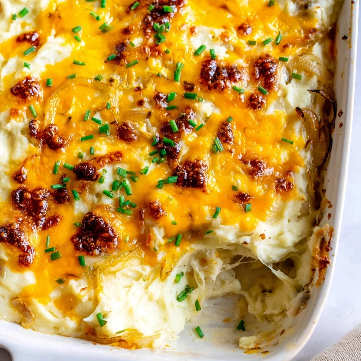 Creamy cheesy onion mashed potato casserole scooped onto a plate with caramelized onion garnish